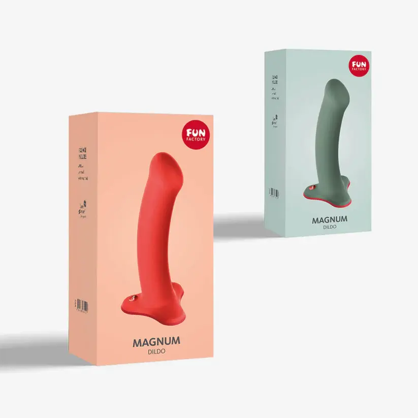Fun Factory Magnum Dildo kırmızı ve yeşil renk seçenekleriyle ürün kutusu görseli