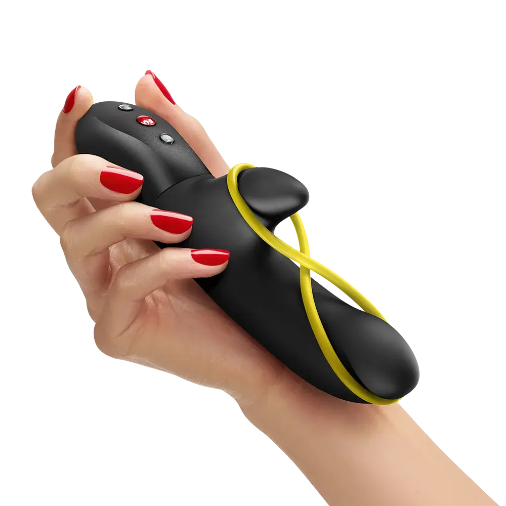 Amorino titreşimli vibratör siyah silikon parmak vibratörü elde tutuş görseli, sarı şeritli ergonomik tasarım