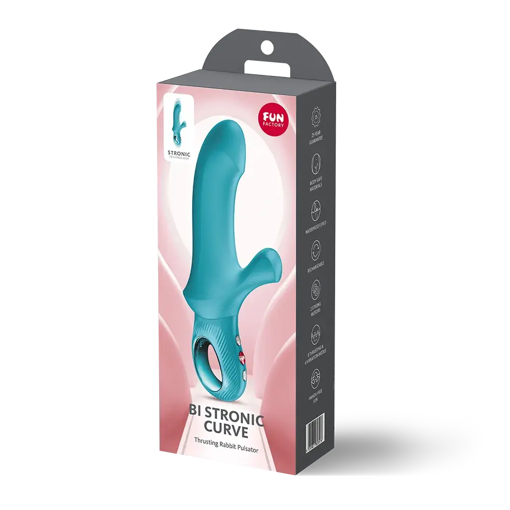 Fun Factory Bi Stronic Curve itme ve titreşimli vibratör, turkuaz renk ambalaj kutusu