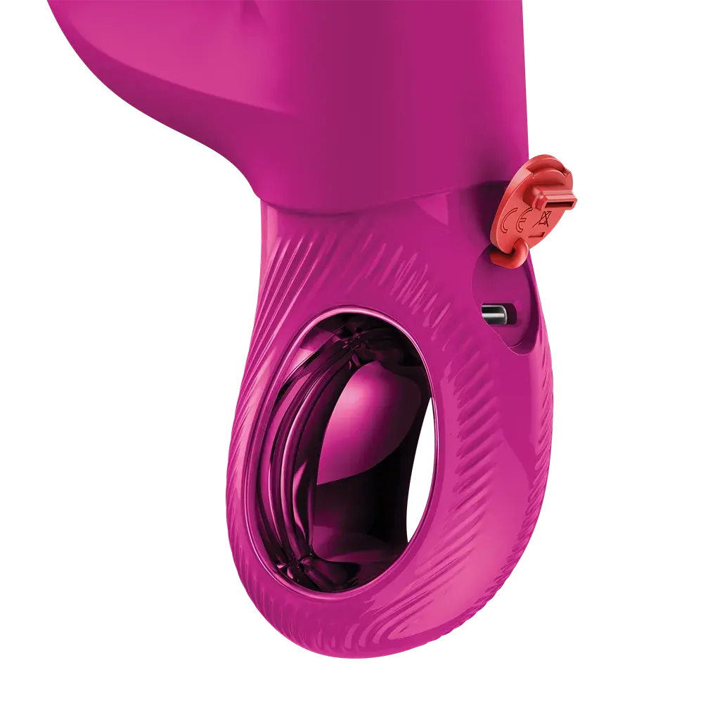 Bi Stronic Immerse itme ve titreşimli vibratör USB şarj portu ve kontrol detayı, pembe silikon tasarım