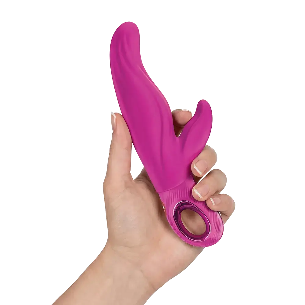 Lady Bi titreşimli vibratör, pembe silikon çift kollu tasarım, elde tutuş görseli