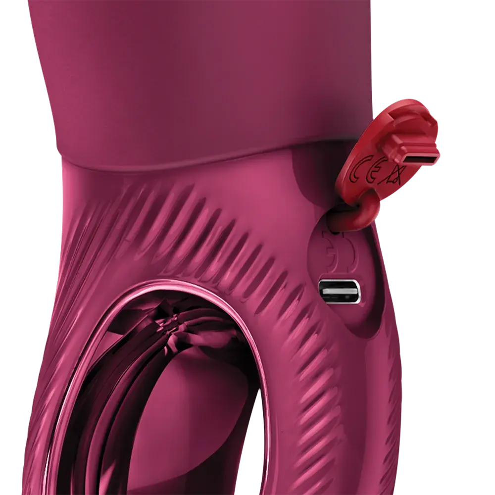 Stronic Deep vibratör USB şarj girişi ve CE sertifikası detayı, bordo renk, silikon gövde yakın çekim