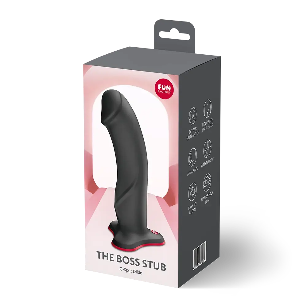Fun Factory The Boss Stub G-Spot Dildo siyah silikon vantuzlu yetişkin oyuncak ürün kutusu