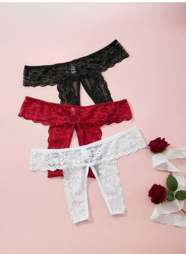 3ldt1 Tegan Büyük Beden Fantezi Kadın 3'lü Özel Bölgeleri Açık Dantelli Tanga seti TG270045-B