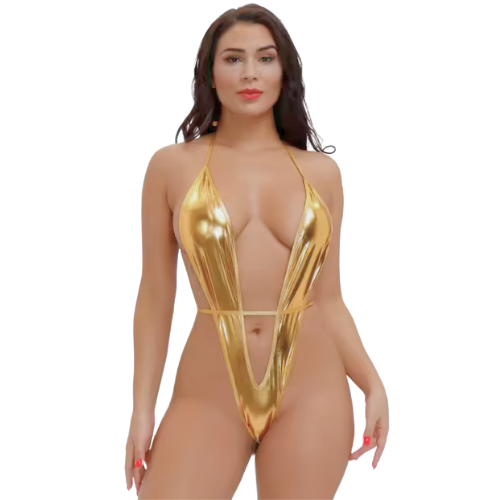 altinipli Tegan Büyük Beden Fantezi Altın Parlak Bodysouit TG2710135-B