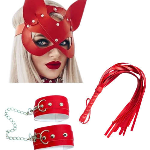 Tegan Fantezi Deri Seksi Kırmızı Kedi Maske Kelepçe Kırbaç Seti ( 3'lü set) TG275367