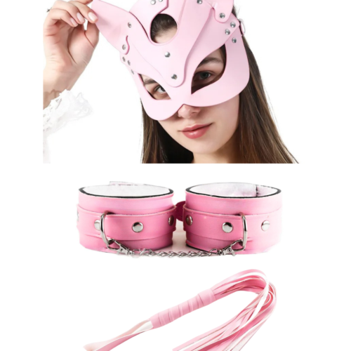 fantezisetpembe Tegan Fantezi Deri Seksi Pembe Kedi Maske Kelepçe Kırbaç Seti ( 3'lü set) TG275368