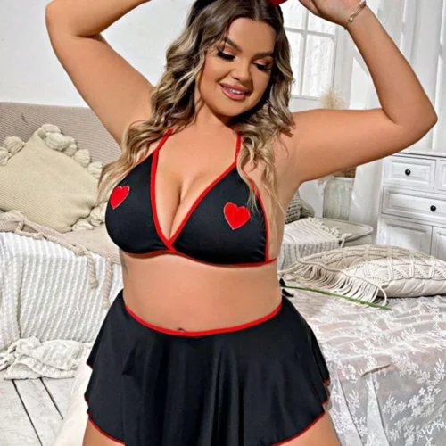 kalpli1 Tegan Büyük Beden Fantazi Kalpli Mini Etekli Babydol Gecelik TG279234-B