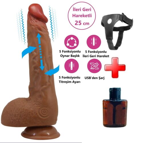 Belden Bağlamalı USB Şarjlı 25 cm Oynar Başlı İleri Geri Hareketli Titreşimli Dildo - Wilks